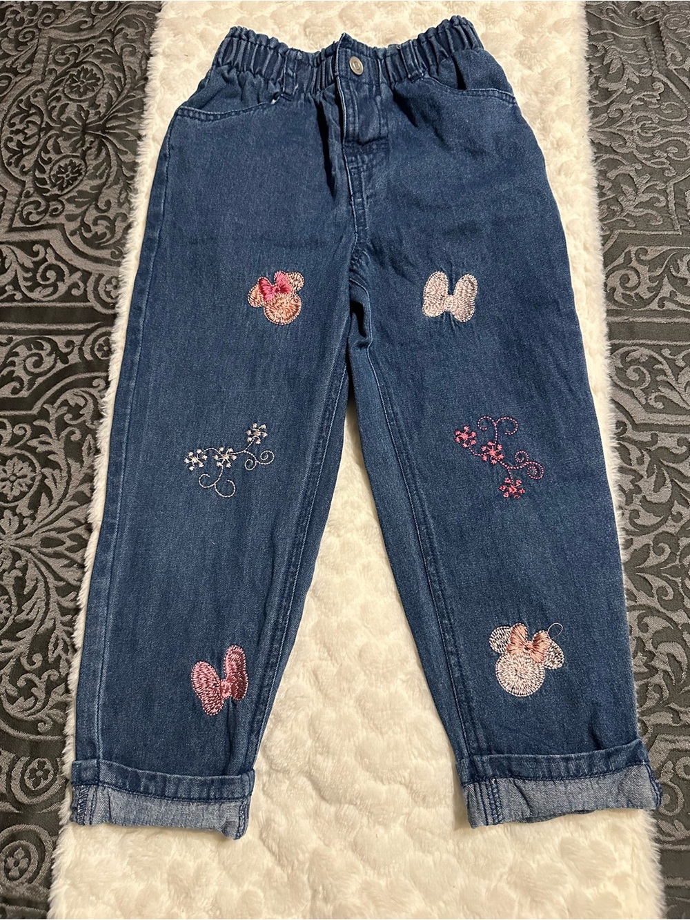 Girls' Embroidered Dark Blue Denim Jeans with Pink Accents